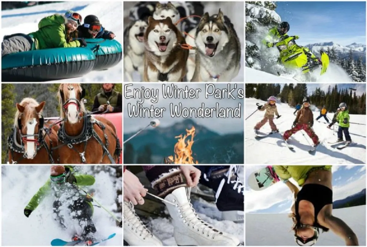 A dynamic winter scene with families snow tubing, huskies for dog sledding, children playing in the snow, skiing, snowboarding, and a cozy fire for après-ski relaxation. There are also glimpses of ice skating and horse-drawn sleigh rides, conveying both excitement and warmth.