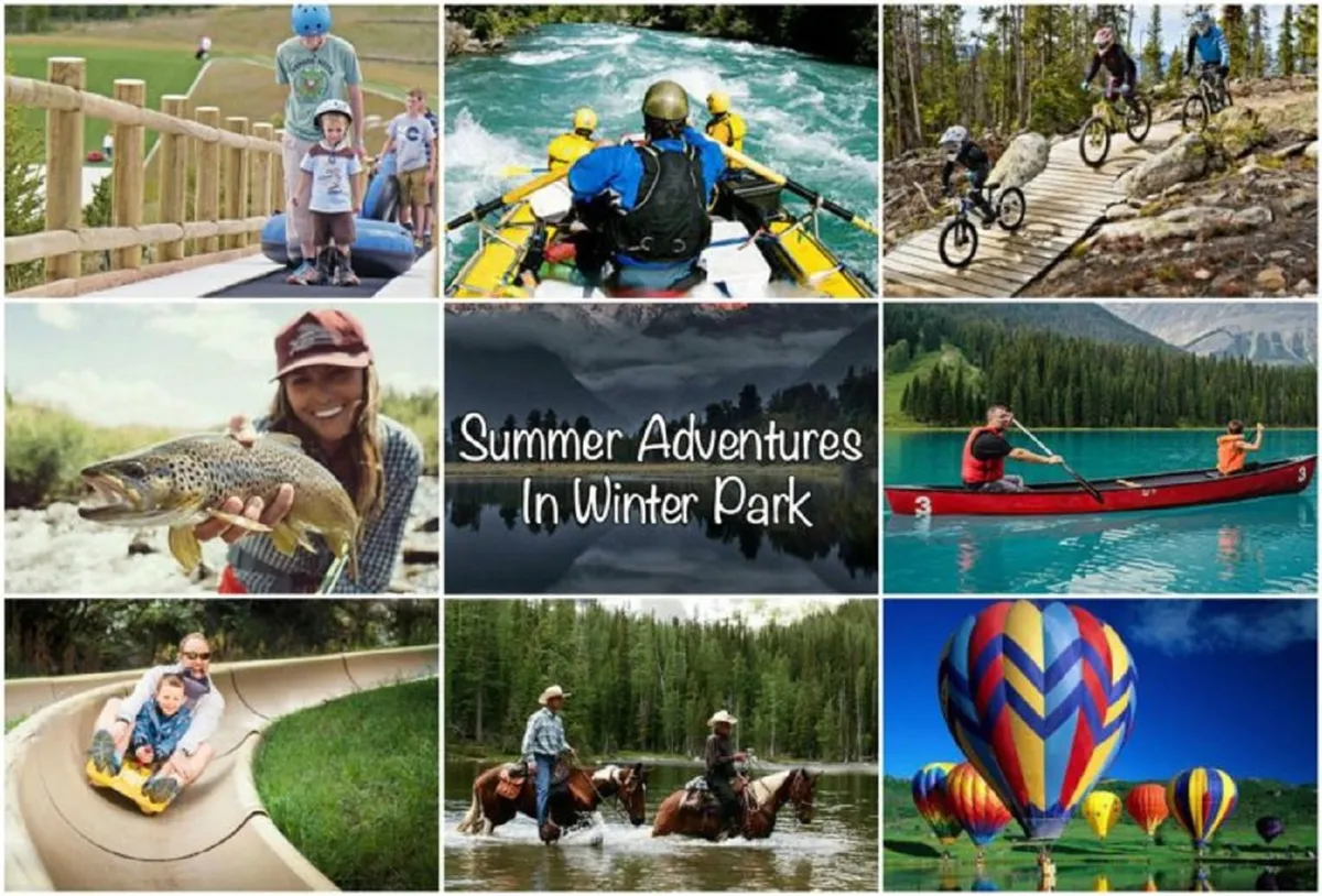 An energetic collage of families and adventurers participating in outdoor activities—rafting, biking, fishing, horseback riding, and hot air ballooning. Vibrant colors and smiling faces convey a sense of adventure and discovery.